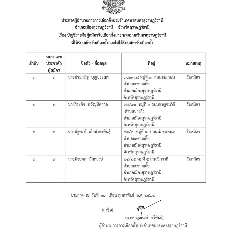 บัญชีรายชื่อผู้สมัครรับเลือกตั้งนายกเทศมนตรีนครสุราษฎร์ธานี  ... Image 1