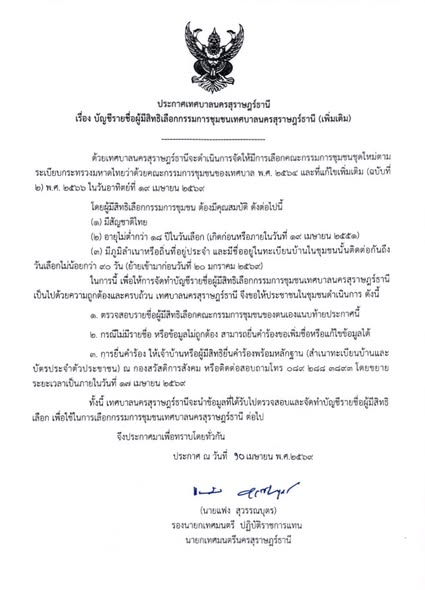 เรื่อง บัญชีรายชื่อผู้มีสิทธิเลือกกรรมการชุมชน เทศบาลนครสุรา ... รูปภาพ 1