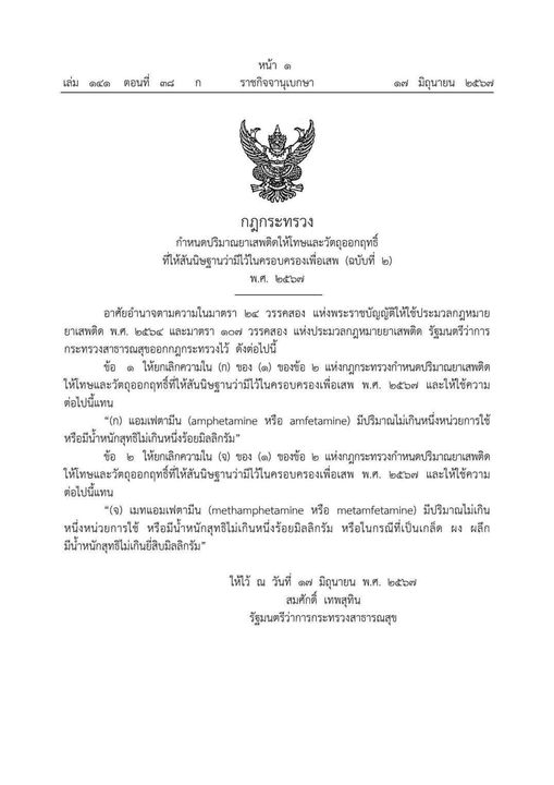 ราชกิจจานุเบกษา ประกาศกฎกระทรวงสาธารณสุข กำหนดยาบ้า 1 เม็ด ใ ... Image 1