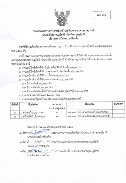 ประกาศคณะกรรมการการเลือกตั้งประจำเทศบาลนครสุราษฎร์ธานี อำเภอ ... Image 1