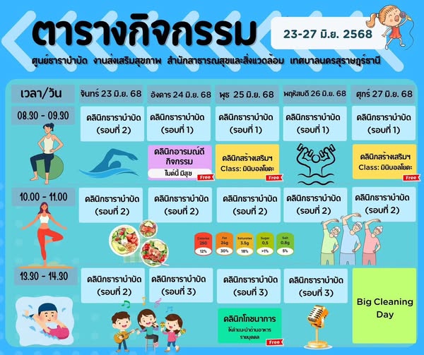 ตารางกิจกรรมการให้บริการศูนย์ธาราบำบัด ประจำวันที่ 23-27 มิถ ... Image 1