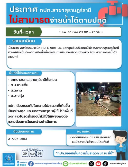 ประกาศ!!! แจ้งเหตุพบท่อประปาแตกฉุกเฉิน และมีความจำเป็นในการห ... รูปภาพ 1