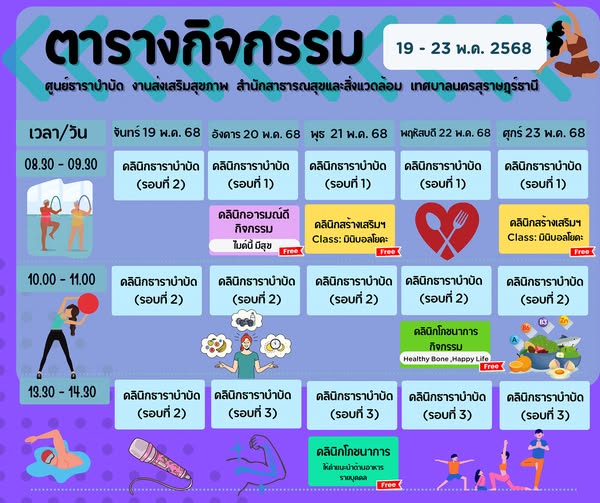 ตารางกิจกรรมการให้บริการศูนย์ธาราบำบัด ประจำวันที่ 19-23 พฤษ ... รูปภาพ 1