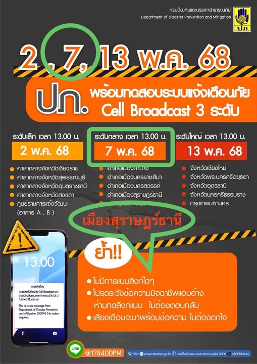 อย่าตกใจ!!! ทดสอบแจ้งเตือนภัย Cell Broadcast วันที่ 7 พ.ค. 6 ... รูปภาพ 1