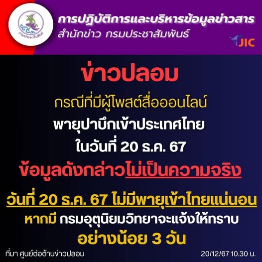 ข่าวปลอม!! พายุปาบึกเข้าประเทศไทยในวันที่ 20 ธ.ค. 67 รูปภาพ 1