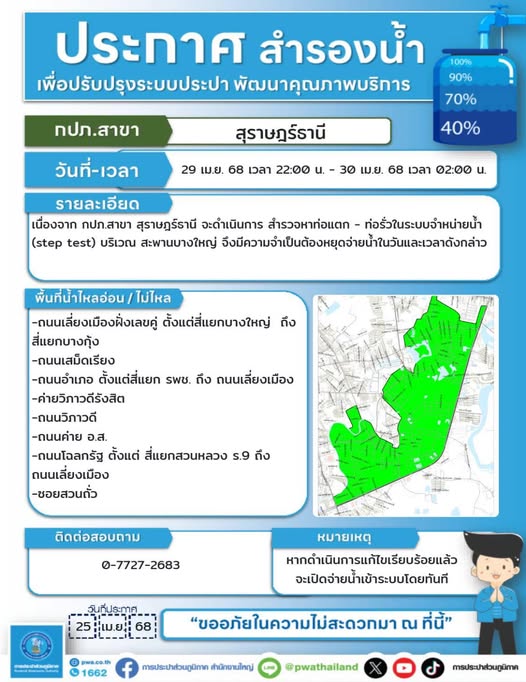 ประกาศ การประปา สาขาสุราษฎร์ธานี สำรองน้ำ เพื่อปรับปรุงระบบป ... Image 1