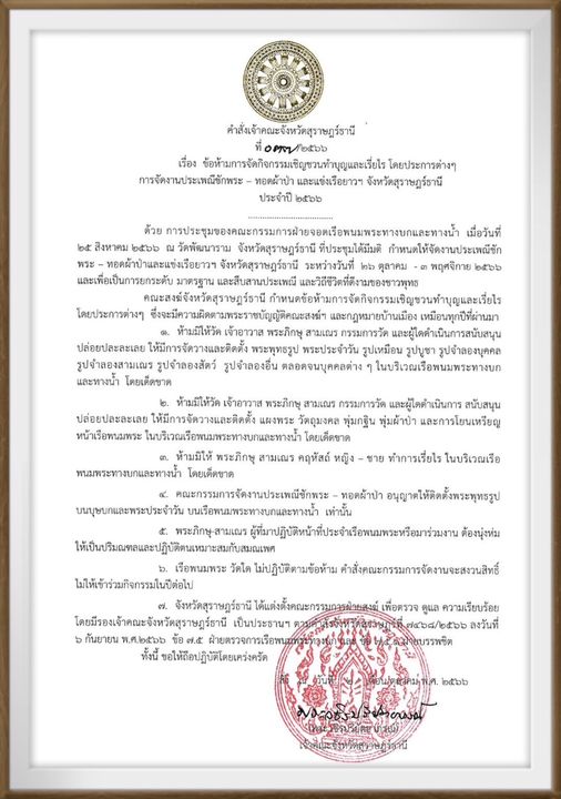 คำสั่งเจ้าคณะจังหวัดสุราษฎร์ธานี ที่ 033/2566 เรื่อง ข้อห้าม ... Image 1
