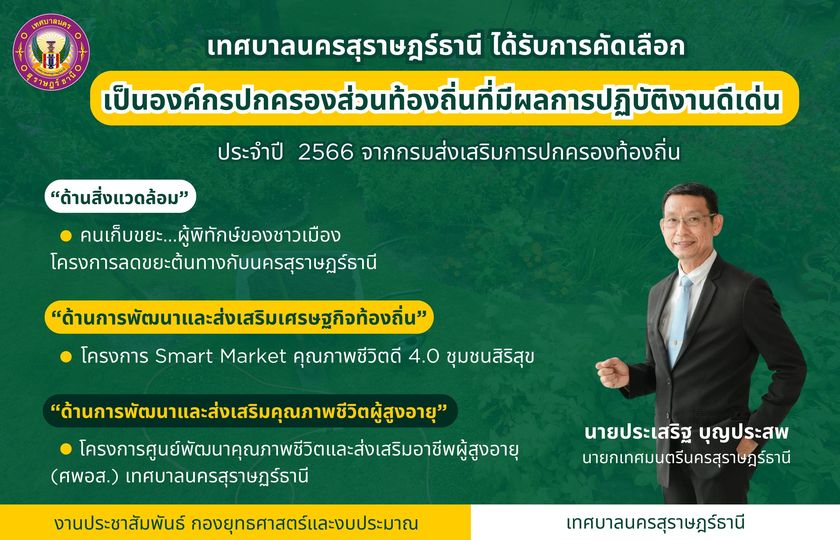 เทศบาลนครสุราษฎร์ธานีได้รับการคัดเลือกเป็นองค์กรปกครองส่วนท้ ... Image 1