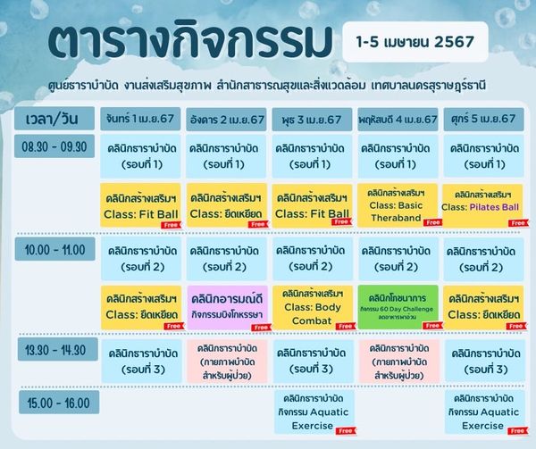 ตารางกิจกรรมการให้บริการศูนย์ธาราบำบัด เทศบาลนครสุราษฎร์ธานี ... Image 1