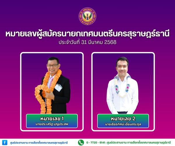ผู้สมัครนายกเทศมนตรีนครสุราษฎร์ธานี (ข้อมูล ณ วันที่ 31 มีนา ... Image 1