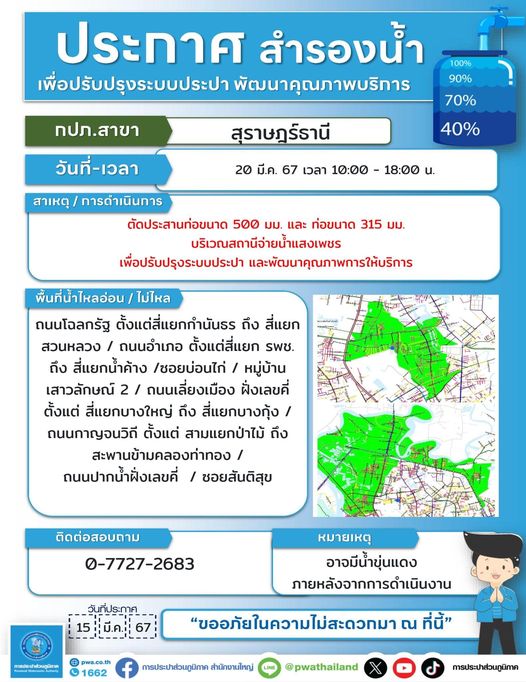 ประกาศน้ำประปาไหลอ่อน - ไม่ไหล ชั่วคราว ในวันพุธ ที่ 20 มีนา ... รูปภาพ 1