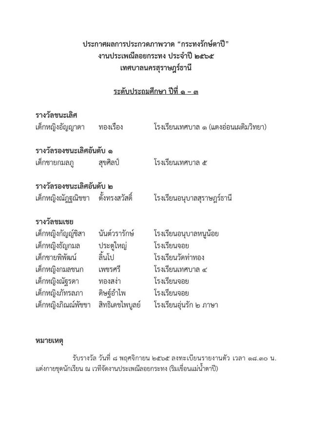 📣📣 ประกาศผลการประกวดภาพวาดระบายสีในงานประเพณีลอยกระทง ประจำป ... Image 1