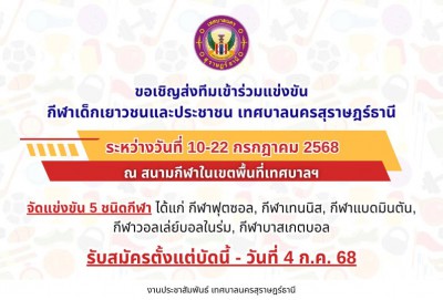 ขอเชิญส่งทีมเข้าร่วมแข่งขัน กีฬาเด็กเยาวชน และประชาชน เทศบาล ... Image 1