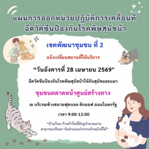 แจ้งเปลี่ยนสถานที่ให้บริการฉีดวัคซีนป้องกันโรคพิษสุนัขบ้า วั ... รูปภาพ 1